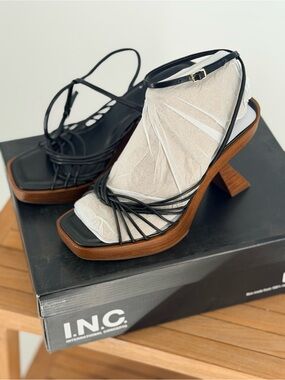 New INC International Concepts Black Strappy Wood-Platform High Heel Sandals 9.5